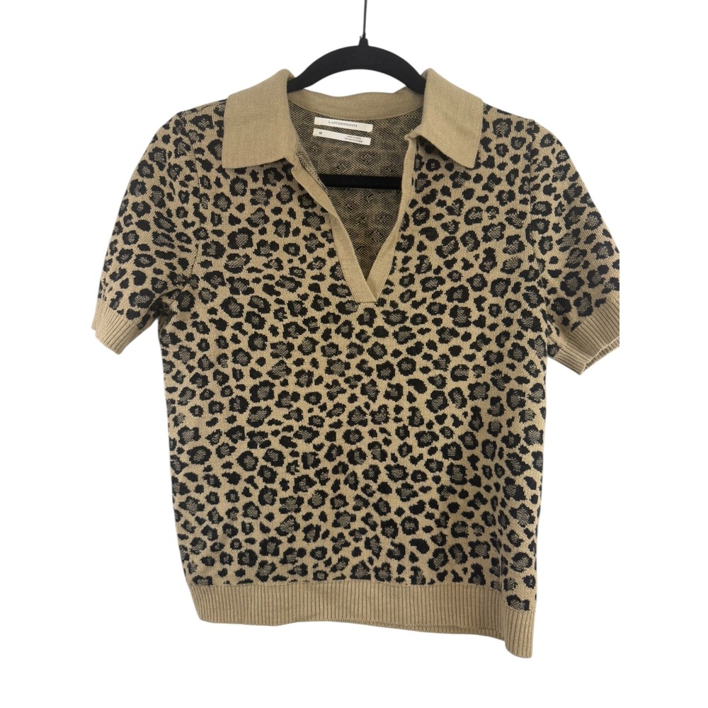 Anthropologie Womens XS Leopard Print Knit Polo Short Sleeve Sweater Top Tan